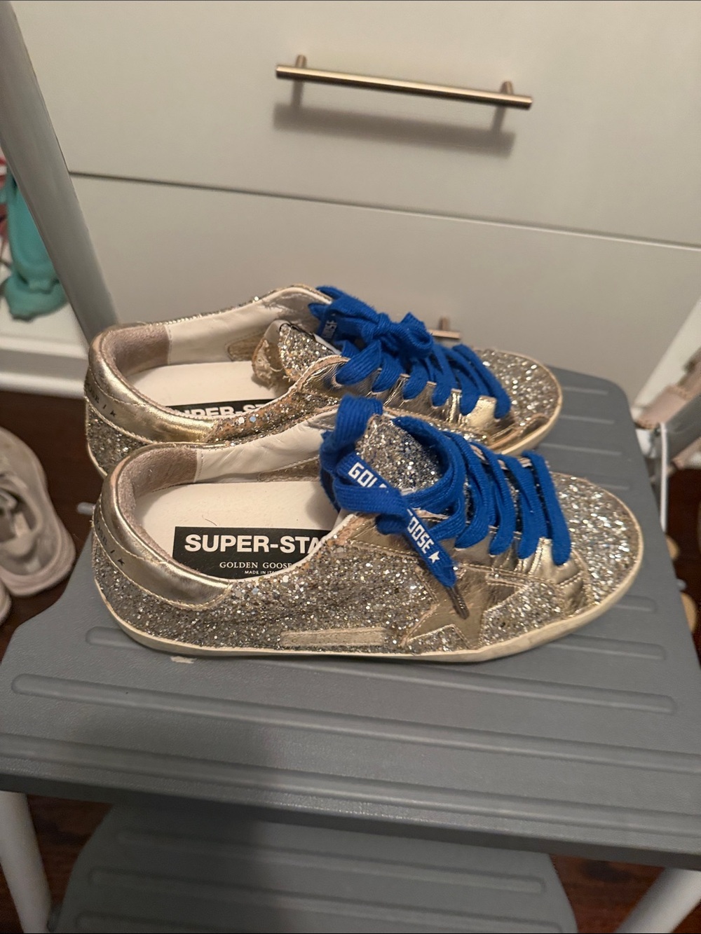 Golden Goose Glitter Super-Star Sneakers in Silver with Blue Laces
